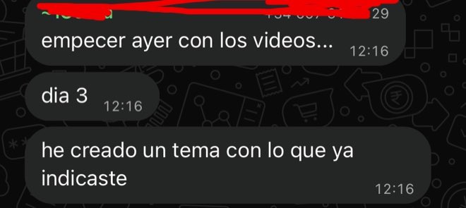 Captura de WhatsApp: «día 3. He creado un tema con lo que ya indicaste»